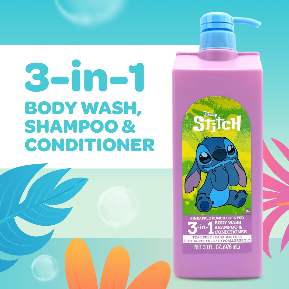 Disney Lilo & Stitch 3-in-1 Body Wash, Shampoo, & Conditioner | Pineapple Punch Scented | Tear Free, Paraben Free, Phthalate Free | Hypoallergenic | 33 fl oz (976 ml)