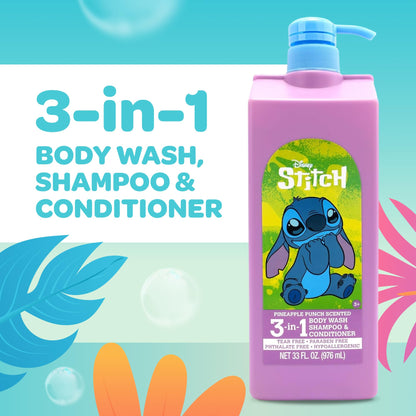 Disney Lilo & Stitch 3-in-1 Body Wash, Shampoo, & Conditioner | Pineapple Punch Scented | Tear Free, Paraben Free, Phthalate Free | Hypoallergenic | 33 fl oz (976 ml)