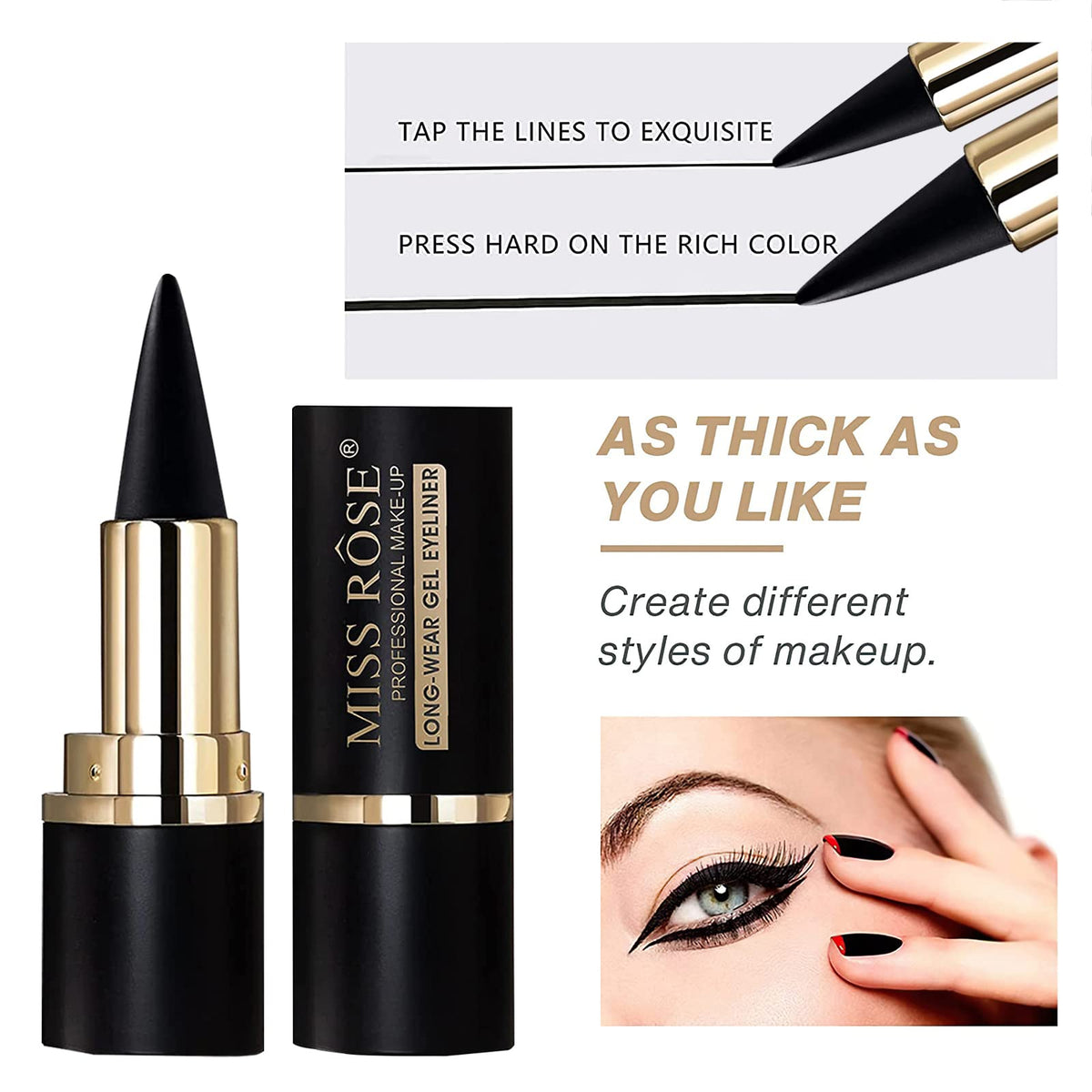 MISS ROSE M Gel Eyeliner, Black Eyeliner Pencils, delineador de ojos contra el agua, Easy to Use, Eye Makeup for Women (Black)