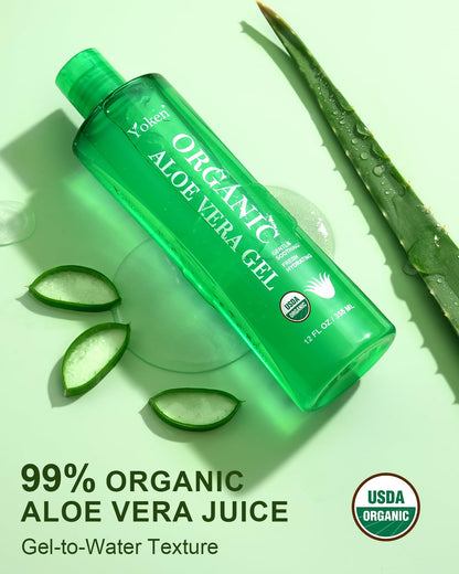 Yoken Organic USDA Aloe Vera Gel 12oz, Alcohol Free, Summer Essential