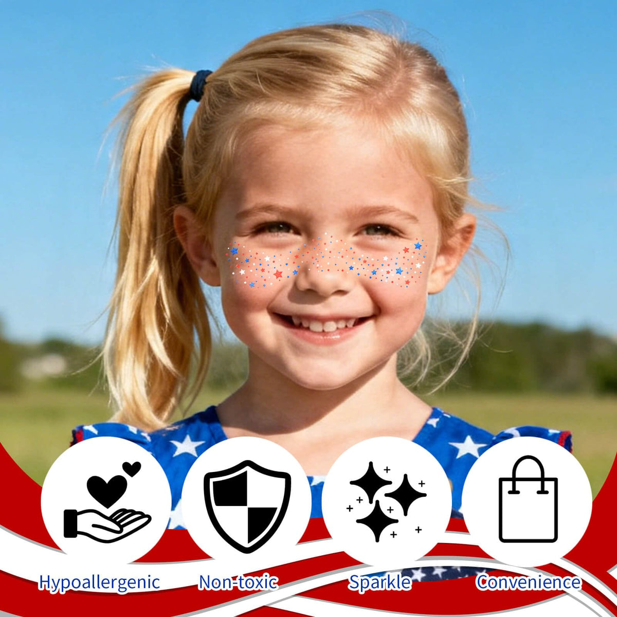 Paminify 4th of July Red White Blue Glitter Freckles Face Tattoos, Patriotic Star Face Tattoo, July 4th Accessories for Women, Independence Day USA Face Sparkles Makeup, 8 PCS