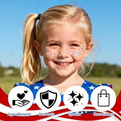 Paminify 4th of July Red White Blue Glitter Freckles Face Tattoos, Patriotic Star Face Tattoo, July 4th Accessories for Women, Independence Day USA Face Sparkles Makeup, 8 PCS