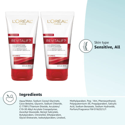 L'Oreal Paris Revitalift Daily Cream Cleanser, Gentle Makeup Remover Face Wash with Vitamin C 5 fl. oz (Pack of 2)