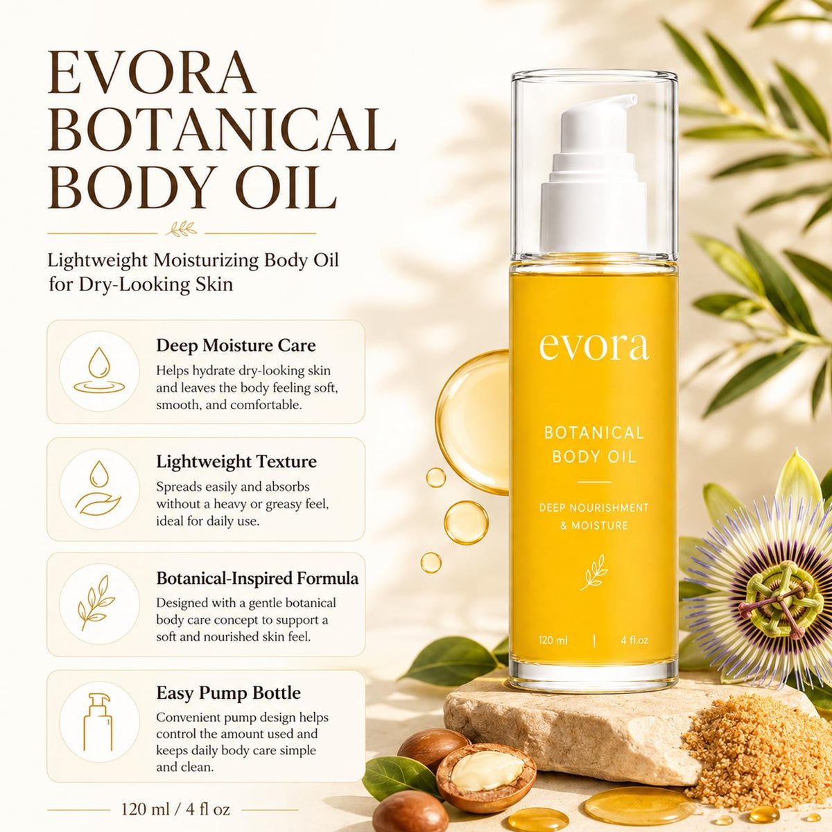 Evora Botanical Body Oil, Lightweight Moisturizing Body Oil, 120 ml
