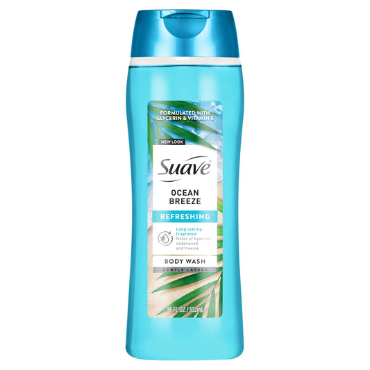 Suave Ocean Breeze Moisturizing Body Wash with Glycerin & Vitamin E, Hydrating Formula For Soft, Smooth Skin, Long Lasting Fragrance, 18 FL OZ