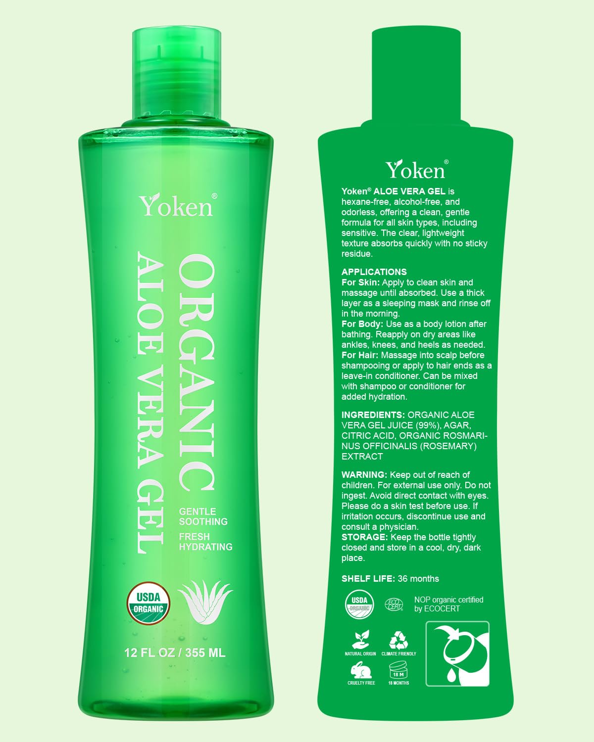 Yoken Organic USDA Aloe Vera Gel 12oz, Alcohol Free, Summer Essential