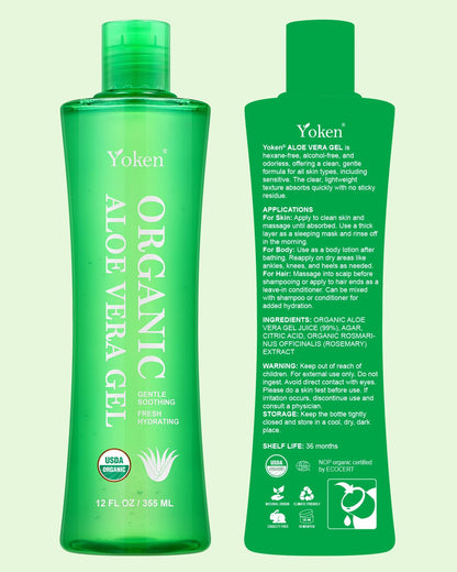 Yoken Organic USDA Aloe Vera Gel 12oz, Alcohol Free, Summer Essential
