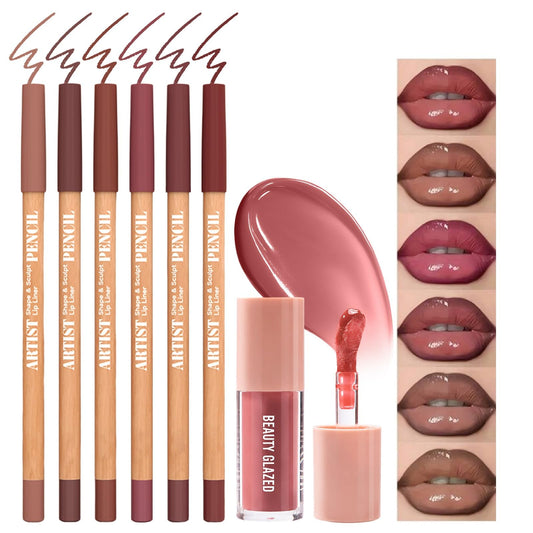 AOJUIGO 7Pcs Lip Liner & Lip Gloss Kit – Lip Defining Lip Combo Set for Precise Lip Outline, Fuller Looking Lips, Gradient Lips & Glass Lips Look, High Shine Volume Lips Viral Lip Combo, #Nude Pink