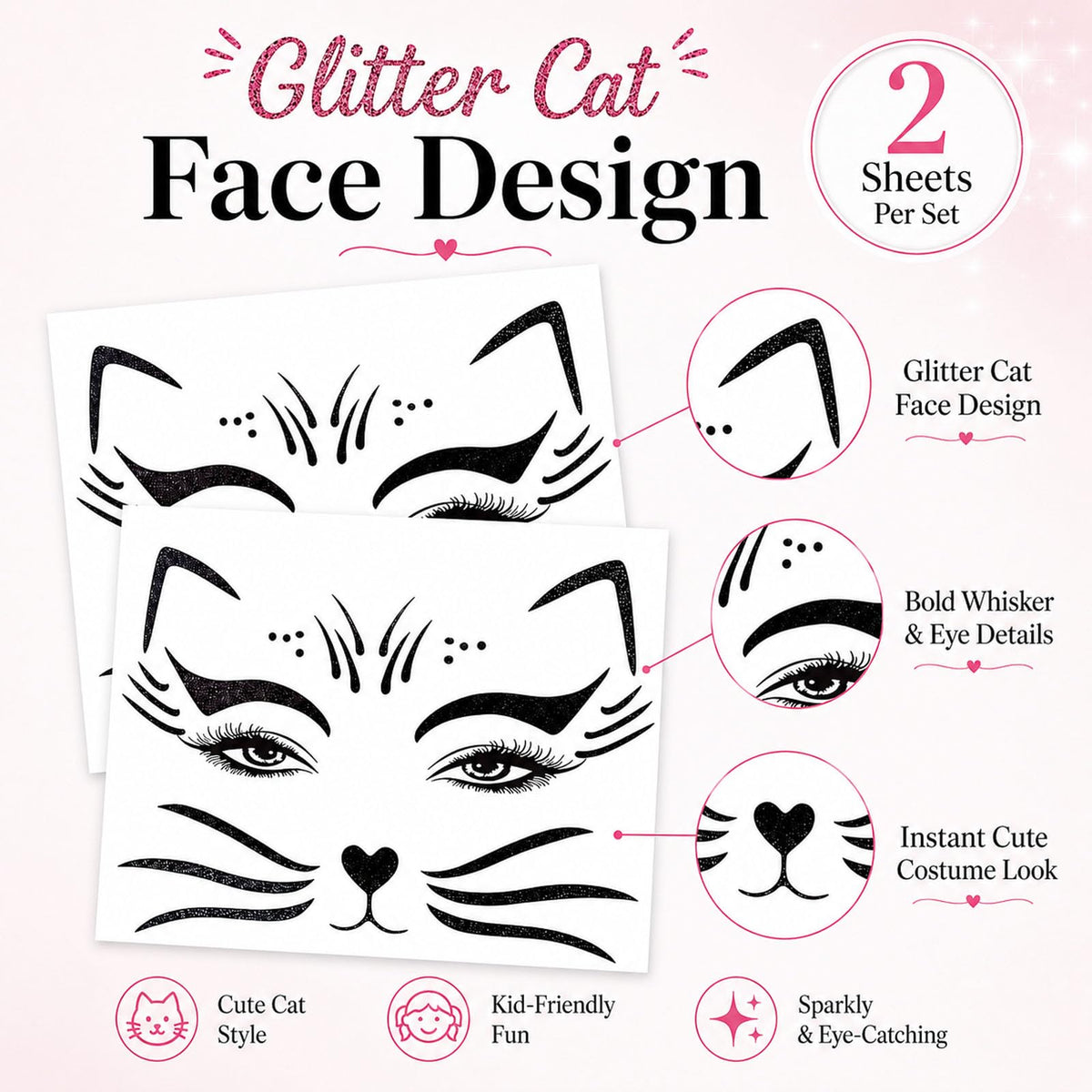 Black Glitter Cat Face Sticker for Kids Cat Face Paint Stickers