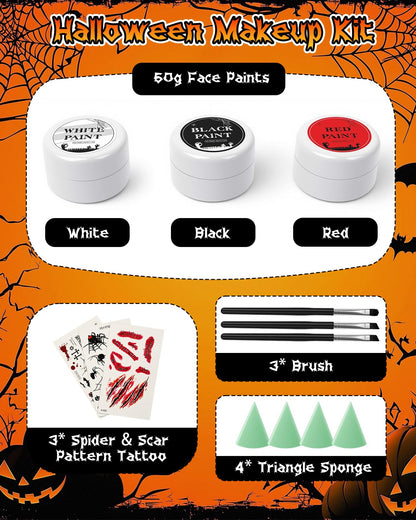 Halloween Effects Makeup Kit, 3 X 20g (0.7 oz) Red Black White Face Paint, Makeup with Tri-color Tattoo Stickers, Sponges, Brushes, Perfect for Halloween Zombie Vampire Skeleton
