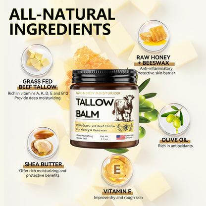 Veakoo Beef Tallow for Skin, Organic Whipped Tallow and Honey Balm, Grass Fed Beef Tallow Face Cream, Natural Tallow Skin Care Moisturizer Body Butter, Nourish and Soothe Dry Skin