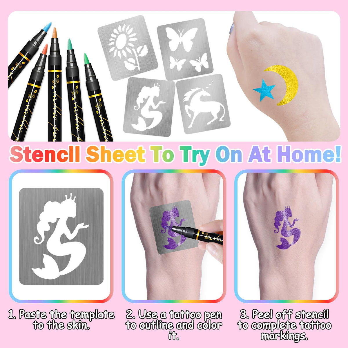 Yazhiji 183PCS Temporary Tattoo Stencils, Paint Stencils Kit on Face and Body, Girl Boy Glitter Tattoos Stencils Pack for Kids School Show Birthdays Halloween Christmas Party Favor Supplies