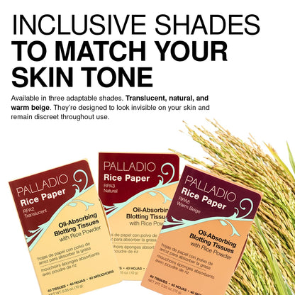 Palladio Rice Paper Facial Tissues for Oily Skin, Face Blotting Sheets Made from Natural Rice, Oil Absorbing Paper with Rice Powder, 2 Sided, Instant Results, Translucent, 40 Count, Pack of 1