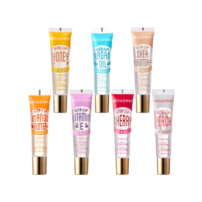 Ruby Kisses Broadway Vita-Lip Clear Lip Gloss (7 Pack) Ultra-Hydrating & Soothing Formula with Vitamins, High-Shine Non-Sticky Finish Lip Balm with Honey, Argan Oil, Shea, Mango Butter, Cherry, Peach