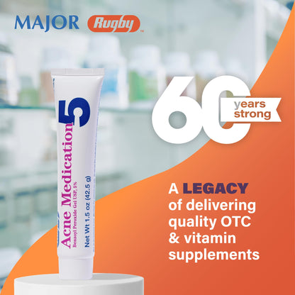 Rugby Acne Medication - Benzoyl Peroxide Gel USP 5% - Vanishing Formula - Greaseless - Helps to Clear Up Acne Pimples - 1.5 Oz. (1 Pack)
