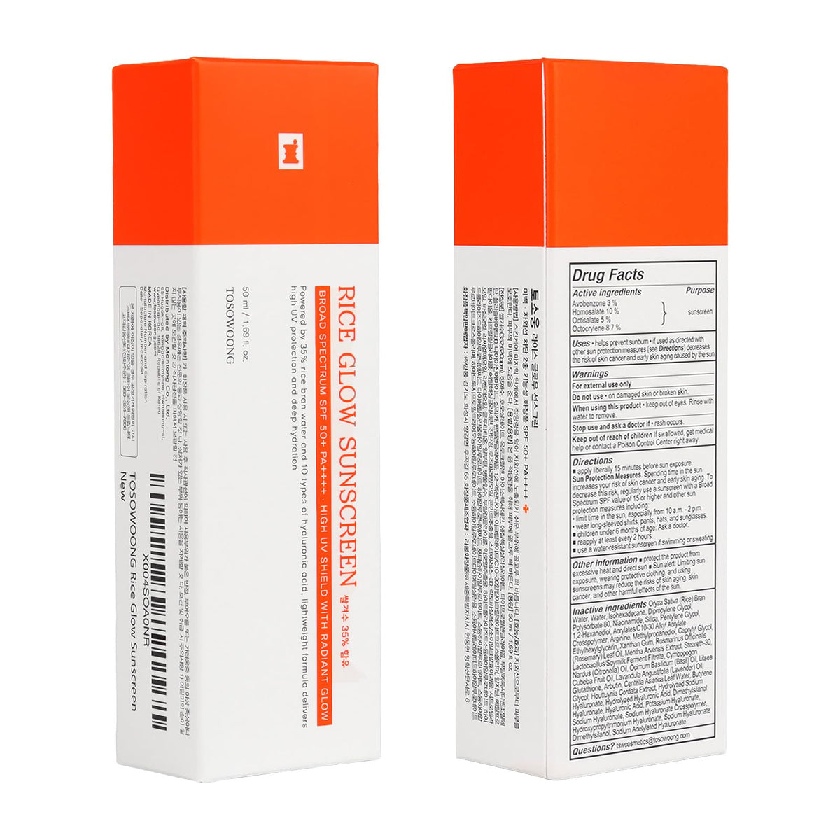 TOSOWOONG Rice Glow Sunscreen SPF50+ Broad Spectrum for Face, No White Cast