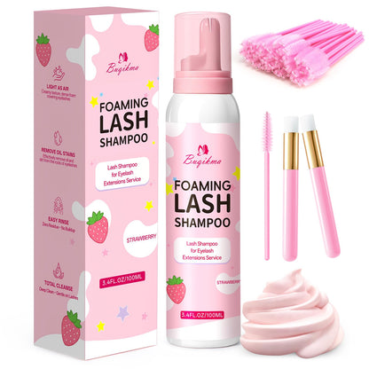 Buqikma Pink Foaming Lash Shampoo Kit Lash Extension Cleanser 3.4Fl Oz
