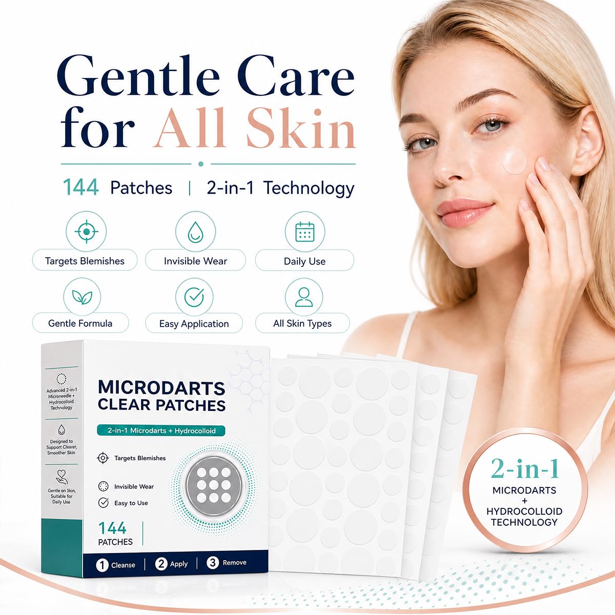 3PCS Microdarts Clear Patches, 2-in-1 Microdarts & Hydrocolloid Patch, Gentle Formula for All Skin, Natural Hydrocolloid Patches for Women and Men
