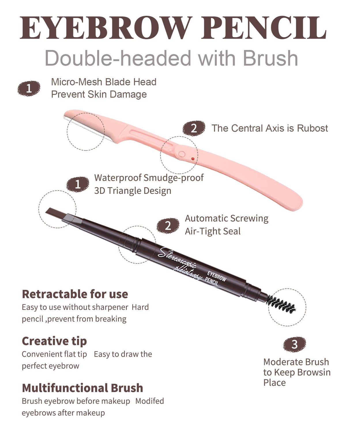 Berinist 6 Pack Dark Brown Waterproof Eyebrow Pencils for Women