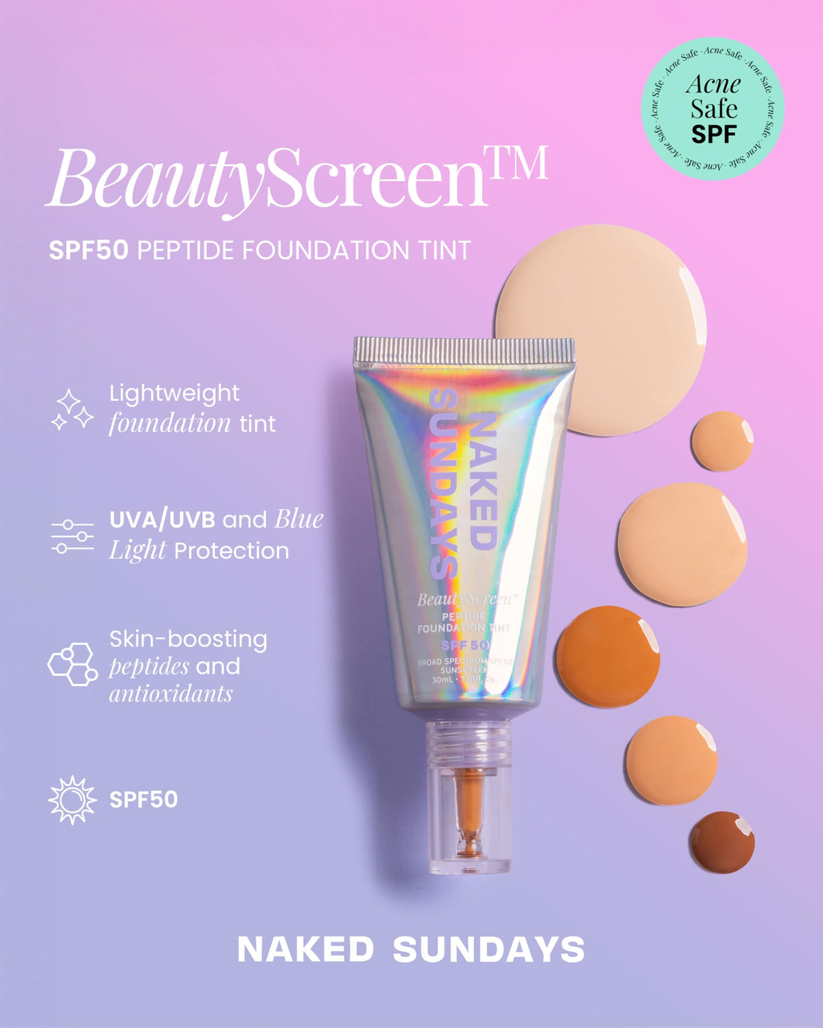 Naked Sundays BeautyScreen Peptide Foundation Tint SPF50, 2.5 Light Neutral