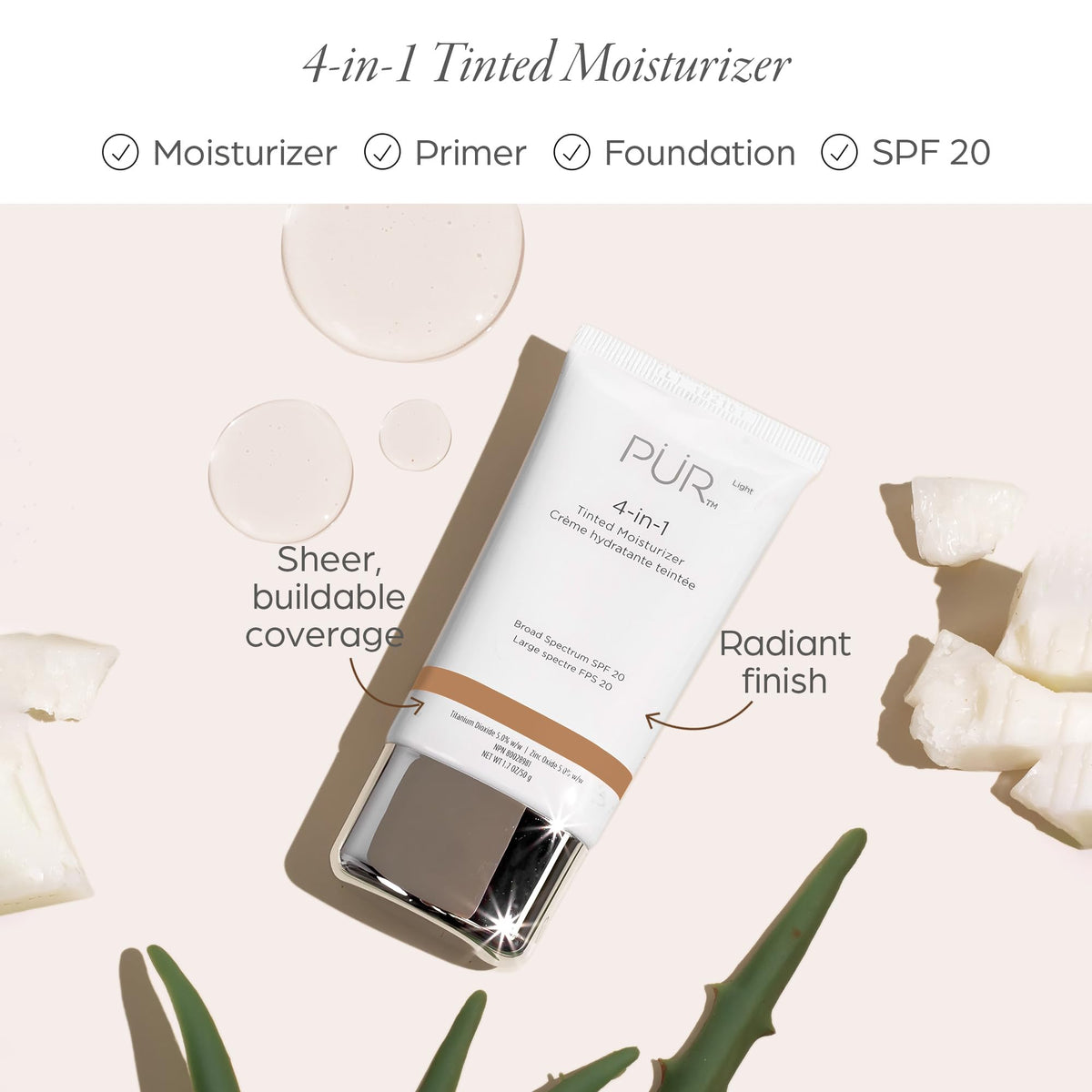 PÜR 4-in-1 Tinted Moisturizer, SPF 20, Medium, Hydrating Skin Tint