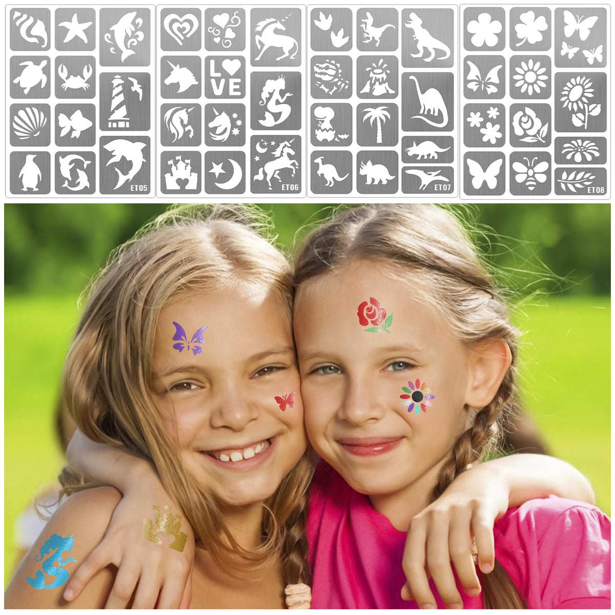 183 PCS Temporary Tattoos Stencils for Kids, Boys Girls Glitter Tattoo Stencils Kit, Body Face Paint Stencils Template for Kids School Show Birthdays Christmas Halloween Party Supplies