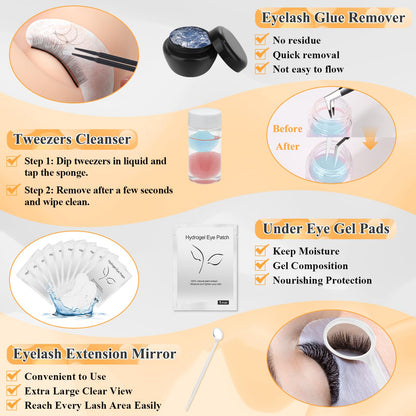Lashes Kit for Eyelash Extension Beginner Lash Tech Starter Kit with Eye Lash Mannequin Head, Professional Eyelash Extension Kit with Lash Fan, Extension Glue and Eyelash Remover for Practice Training