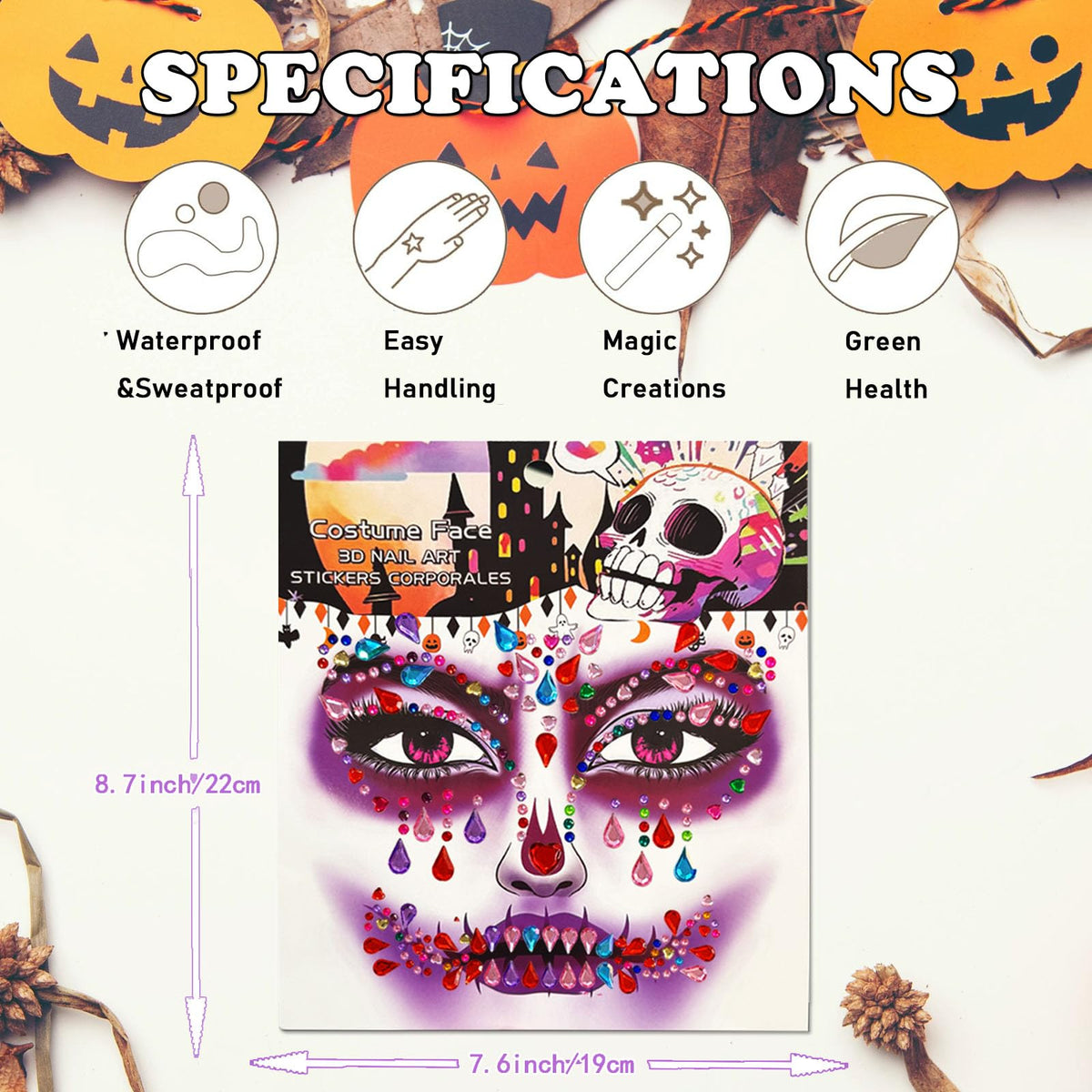 Halloween Face Jewels Temporary Tattoos – 4 Pack Day of the Death Rhinestone Skull Face Gems – Crystal Eye Glitter Stickers for Halloween Makeup, Cosplay & Horror Party Supplies (4 PCS)