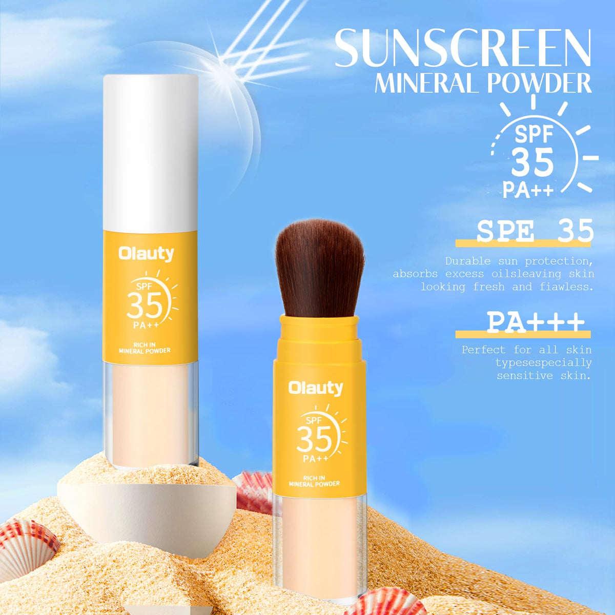 Mineral Sunscreen Setting Powder, SPF 35 Brush Sunscreen Powder for Face & Scalp, Long Lasting Lightweight Breathable, Oil Control Natural Matte Finish (#01 Translucent)