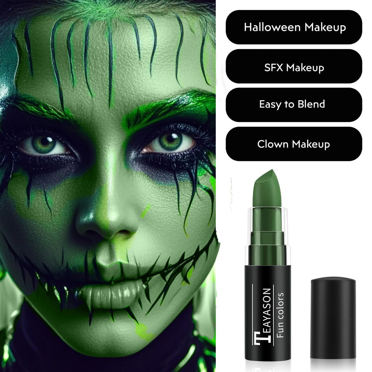 Green Face Body Paint Stick, Matte Lipstick | Camo | Witch | Eye Black |