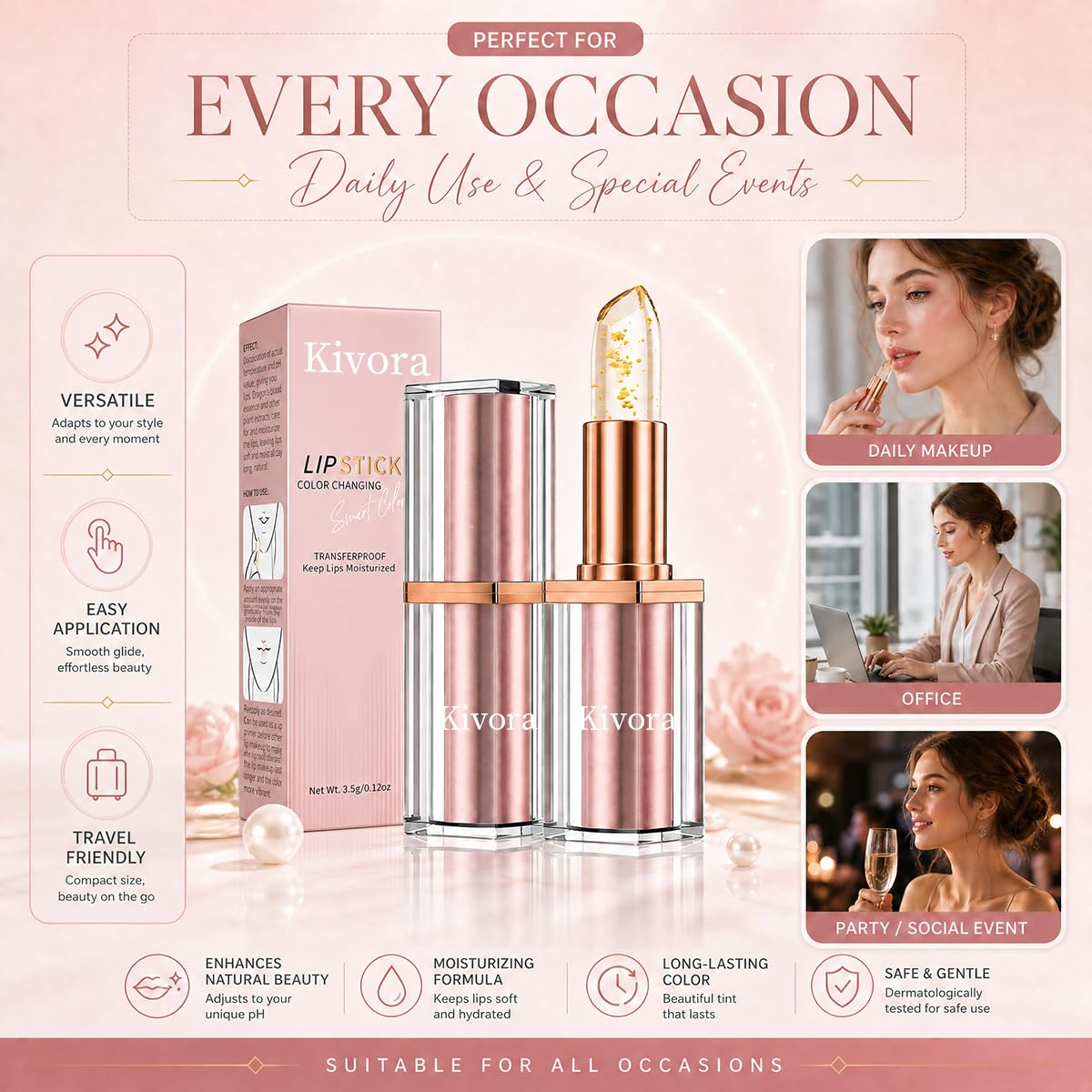 Kivora Lipstick（2 Pack）,Latest Rose Gold Kivora Lipstick for Mature Lips,PH Lipsticks Color Changing, Long Lasting Moisturizing Tinted Lip Balm