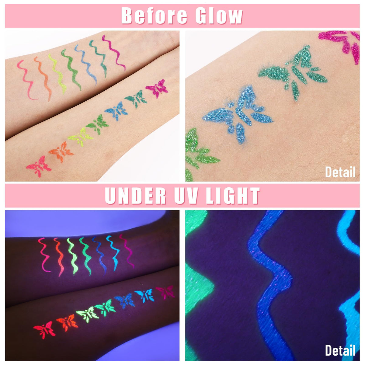 BOBISUKA 7-Color UV Glitter Liquid Eyeliner, Waterproof Neon Eye Liner