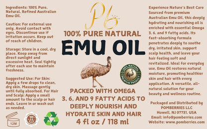 Pomberries Emu Oil, 100% Pure Australian Emu Oil for Skin, 4 fl oz