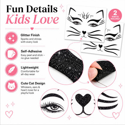 Black Glitter Cat Face Sticker for Kids Cat Face Paint Stickers