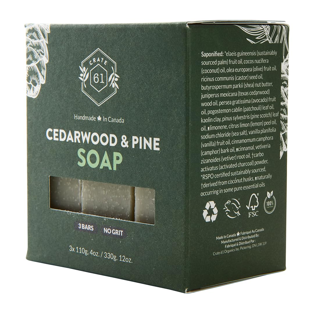 Crate 61 Organics, Handmade in Canada, Plant Based Cold Process Natural Bar Soap For Face And Body, With Premium Essential Oils, For Men And Women 3 Pack (Cedarwood Pine)