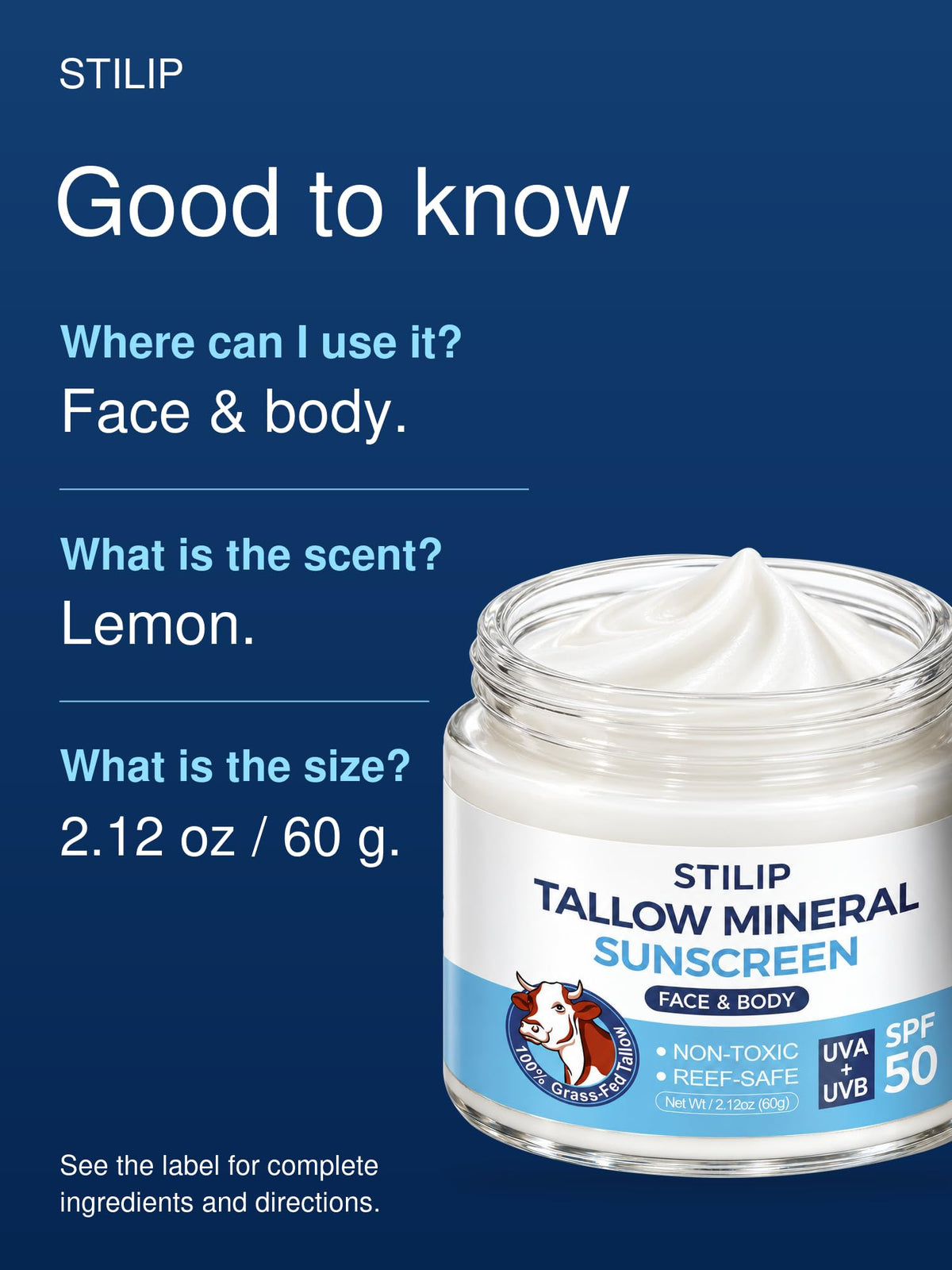 STILIP Beef Tallow Sunscreen SPF 50, Mineral Face & Body Cream, 2.12 oz