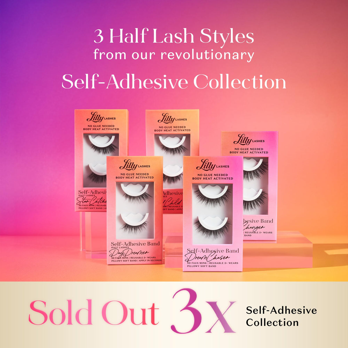 Lilly Lashes Self Adhesive Eyelashes (Half Lashes), No Lash Glue Needed, Body Heat Activated Press on Lashes, Reusable Self Adhesive Eyelashes Up to 5x, Easy to Apply & Remove (DayDreamer)