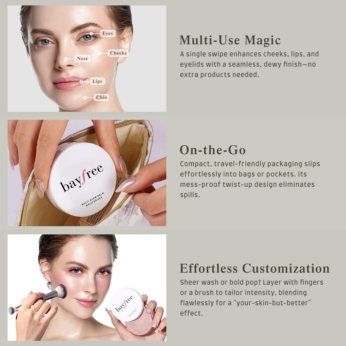 bayfree Multi Glow Balm, Cream Blush for Cheeks Lips & Eyes, Radiant Finish