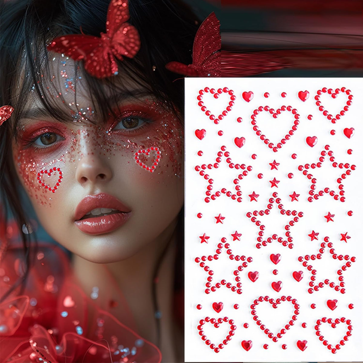 NIACONN 1760 Pcs Red Face Gems Jewels Self-Adhesive Rhinestones Stickers