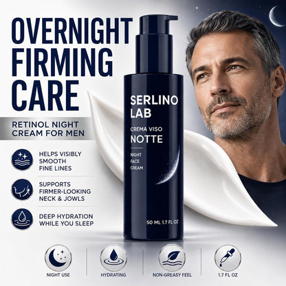 Serlino Lab Night Face Cream for Men - Retinol Night Cream with Hyaluronic Acid & Olive Oil, Collagen Boosting Face Moisturizer, Firms Men's Sagging Neck & Jowls, Reduces Deep Wrinkles, 1.7 Fl Oz
