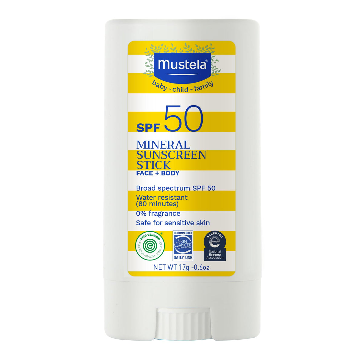 Mustela Baby Mineral Sunscreen Stick SPF 50 Broad Spectrum - Face & Body Sun Stick with 70% Organic Ingredients - Ultra Sheer, Water Resistant & Fragrance-Free - 0.6 oz.