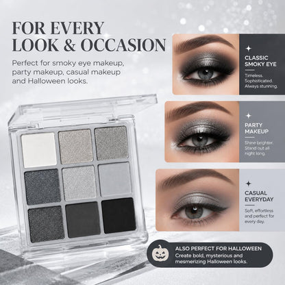 Yeweian Black Smokey Eyeshadow Palette, 9 Colors Black Silver Gray White Goth Eyeshadow Makeup Palette, Waterproof Cool Toned Matte Glitter Eyeshadow Palette Sombras De Ojos Profesional