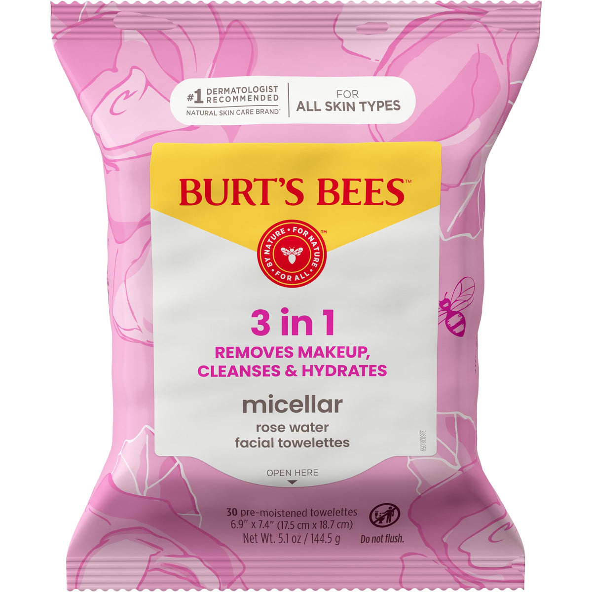 Burt’s Bees Micellar Rose Water Facial Towelettes, 30 ct., 3 Pack