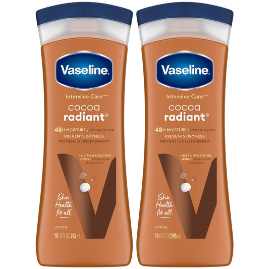 Vaseline Cocoa Radiant 2-Pack – Intensive Care Moisturizing Hand and Body Lotion with Ultra-Hydrating Lipids, Pure Cocoa Butter, 10 Oz Ea