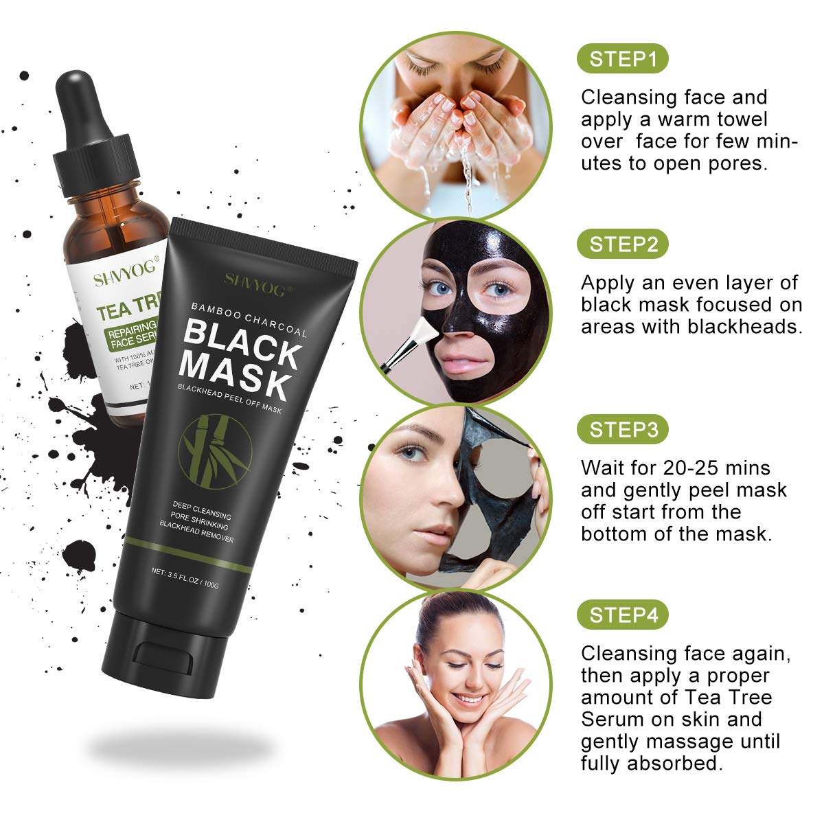 Blackhead Peel Off Face Mask, SHVYOG 3-in-1 Blackhead Remover Mask with Brush & Tea Tree Oil Serum, Charcoal Face Mask for Deep Cleansing Blackheads, Dirts, Pores, Skin Oil (100g+30ml)