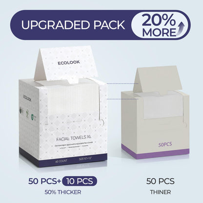 ECOLOOK Disposable Face Towel XL-60 Count Upgraded Thick Facial Towels, Ultra Soft Clean Face Towels Disposable, 10"x12" & 90 GSM, Ideal for Sensitive Skin-1 PACK
