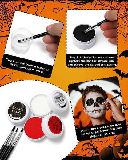 Halloween Effects Makeup Kit, 3 X 20g (0.7 oz) Red Black White Face Paint, Makeup with Tri-color Tattoo Stickers, Sponges, Brushes, Perfect for Halloween Zombie Vampire Skeleton