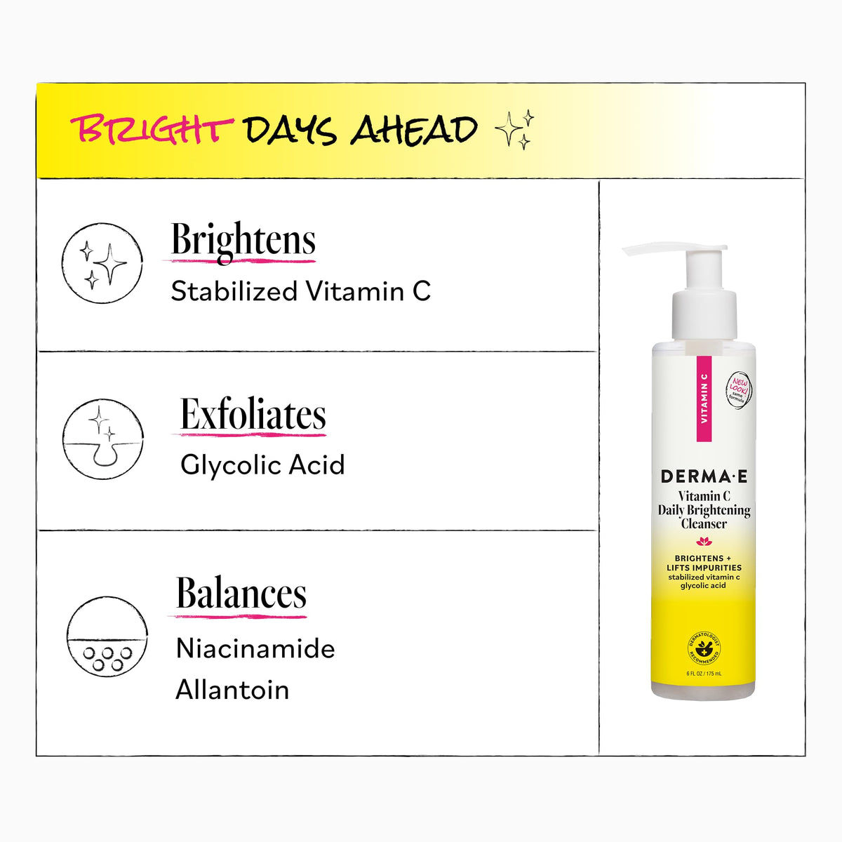 DERMA E Vitamin C Daily Brightening Cleanser, 6 Fl Oz Hydrating Face Wash