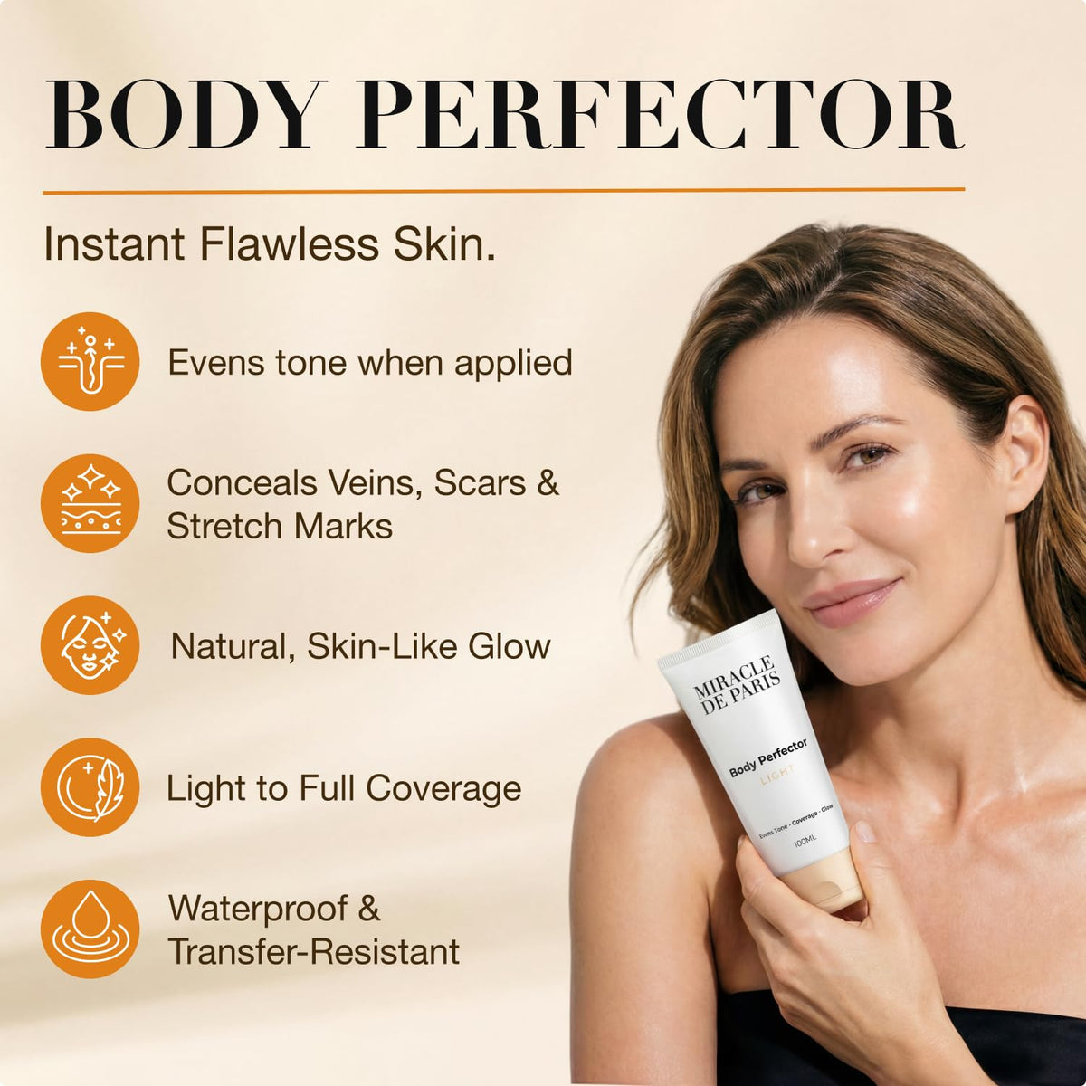 Miracle de Paris Body Coverage Perfector – Tattoo Cover Up Makeup Waterproof, Body Foundation & Leg Makeup, Transfer-Resistant Body Concealer for Legs, Scars & Uneven Skin Tone, 3.38 fl oz, Light
