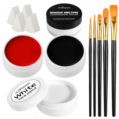 Black White Red Face Paint Kit – Large 50g Oil-Based Grease Makeup Set with Remover Balm, 5 Brushes & 4 Sponges – Waterproof, Full Coverage Halloween, Cosplay & Stage SFX Makeup